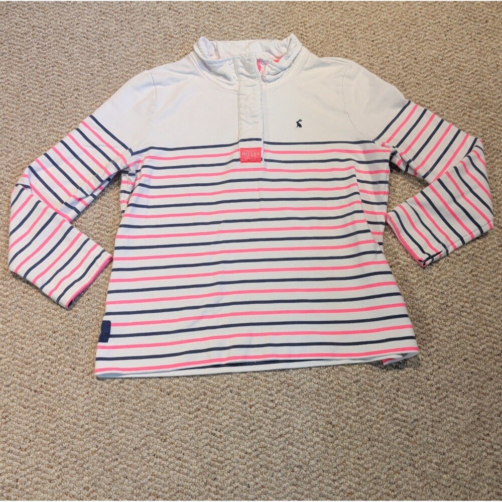 Joules Cowdray Sweatshirt Womens 12 Blue Pink Stripe Funnel Neck Button Nautical